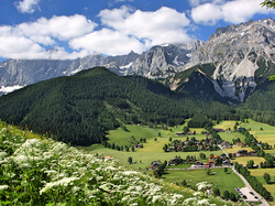 Gmina Ramsau am Dachstein, Dolina, Roślinność, Góry Alpy Salzburskie, Austria, Domy